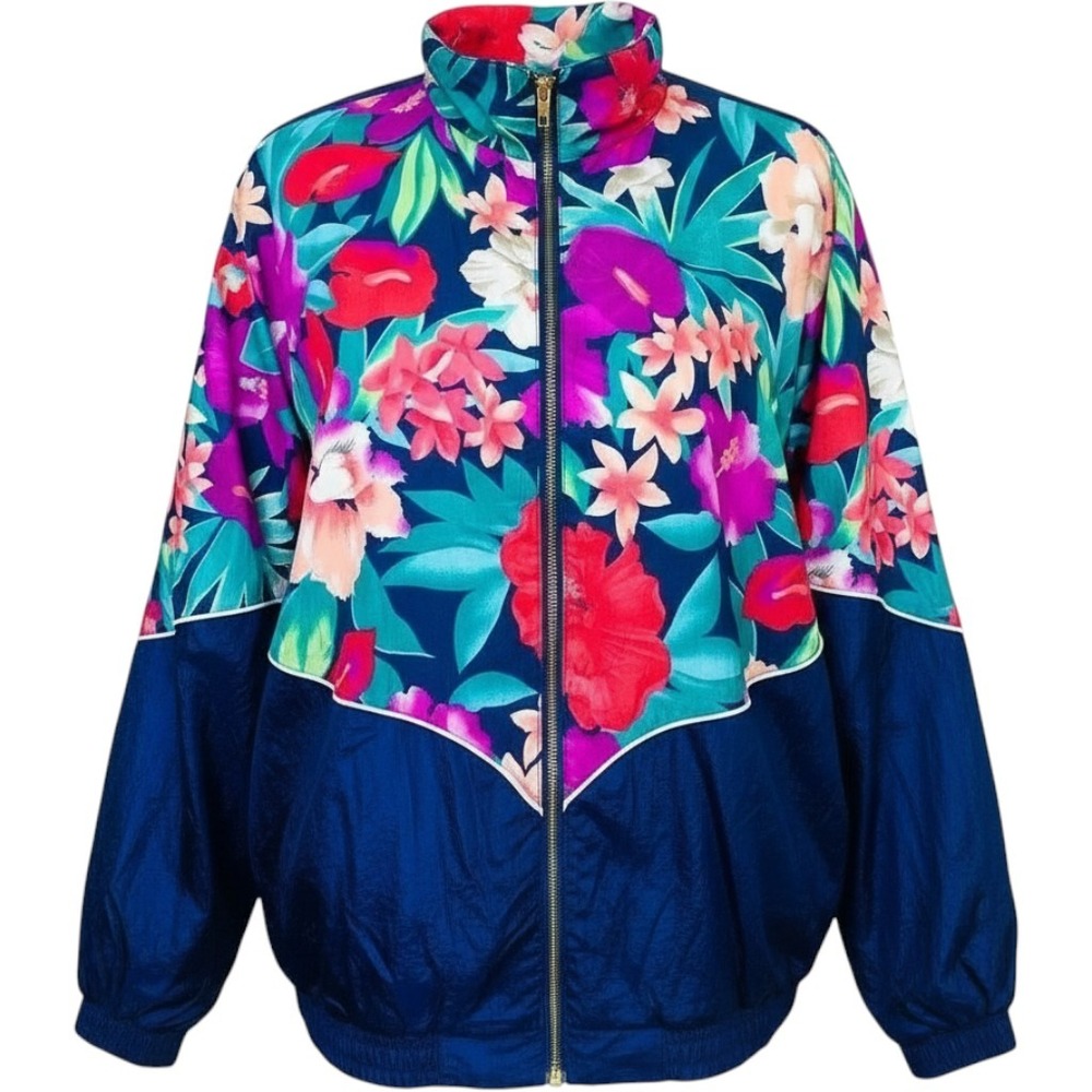 Vintage 90s Floral Windbreaker Track Jacket Navy Pink Full Zip Women XL Pockets